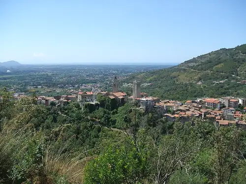 The Picture shows the view from the hill behind the town center of Castelforte ( Latina Province, Latium Region, Italy) of the Garigliano river valley and the Tyrrenian sea.